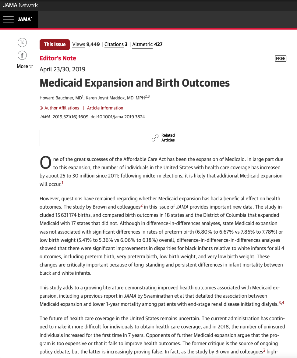 JAMA Editor's Note on Article: Medicaid Expansion and Birth Outcomes